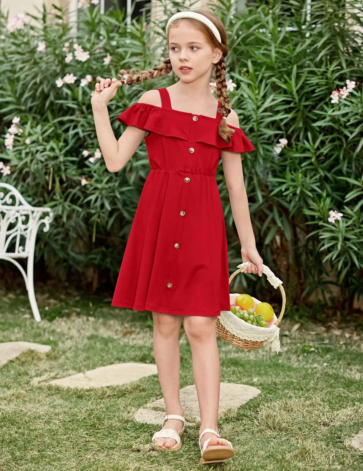 Arshiner Girls Dresses Summer Cold Shoulder Ruffle A Line Dresses