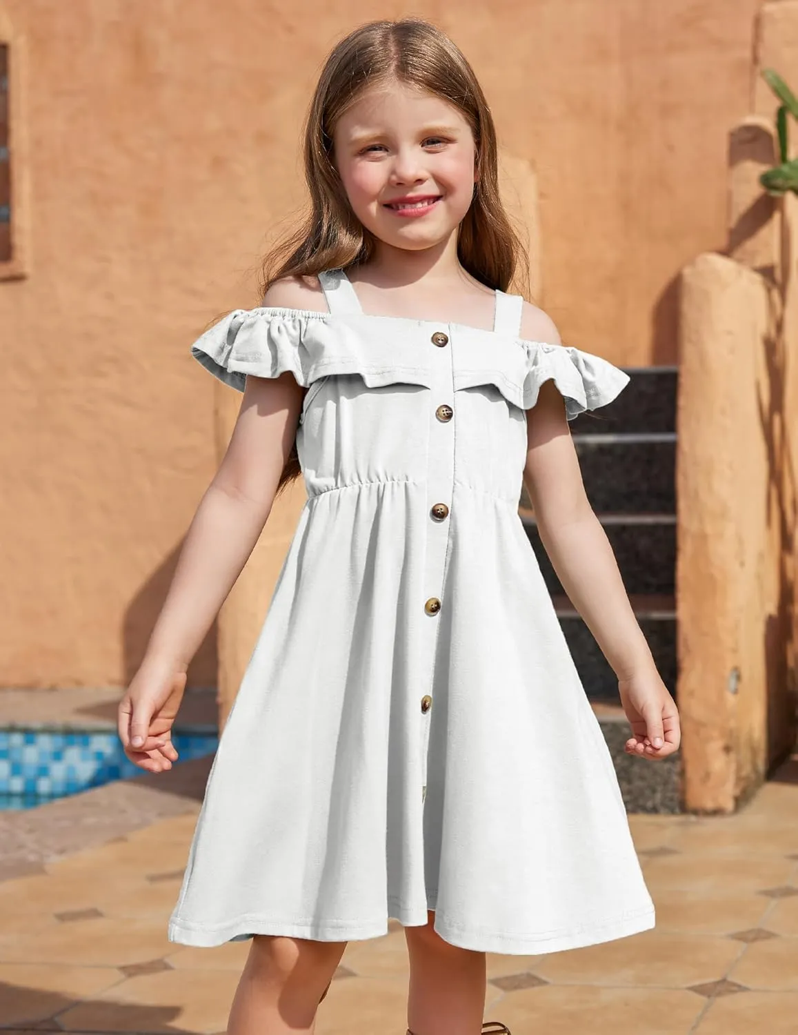 Arshiner Girls Dresses Summer Cold Shoulder Ruffle A Line Dresses