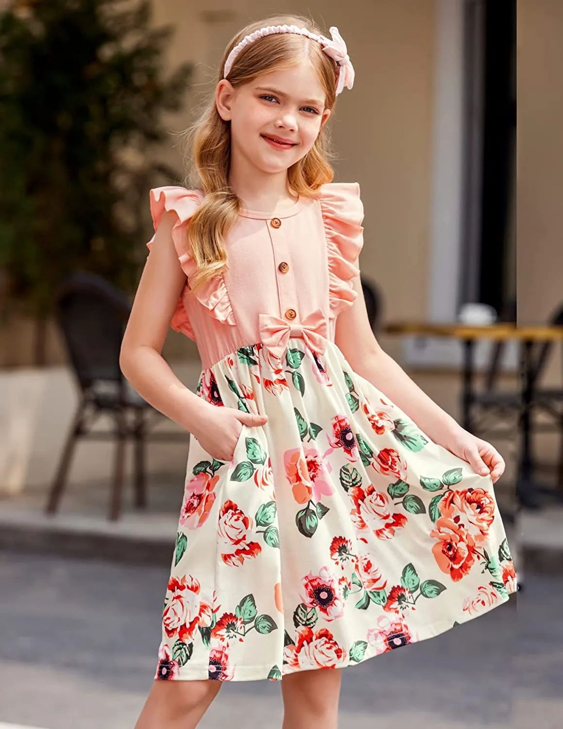 Arshiner Girls Summer Dress Ruffle Trim Button Front Bowknot Sundress