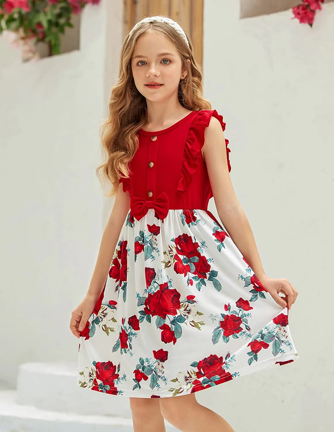 Arshiner Girls Summer Dress Ruffle Trim Button Front Bowknot Sundress