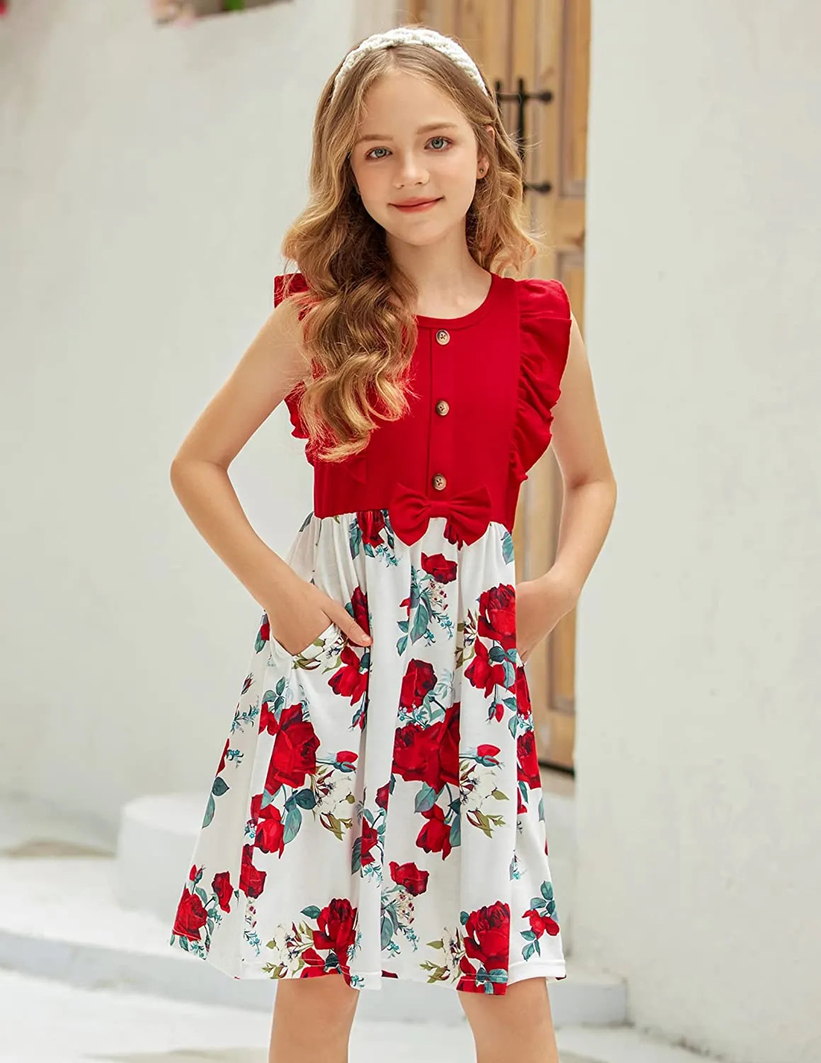 Arshiner Girls Summer Dress Ruffle Trim Button Front Bowknot Sundress