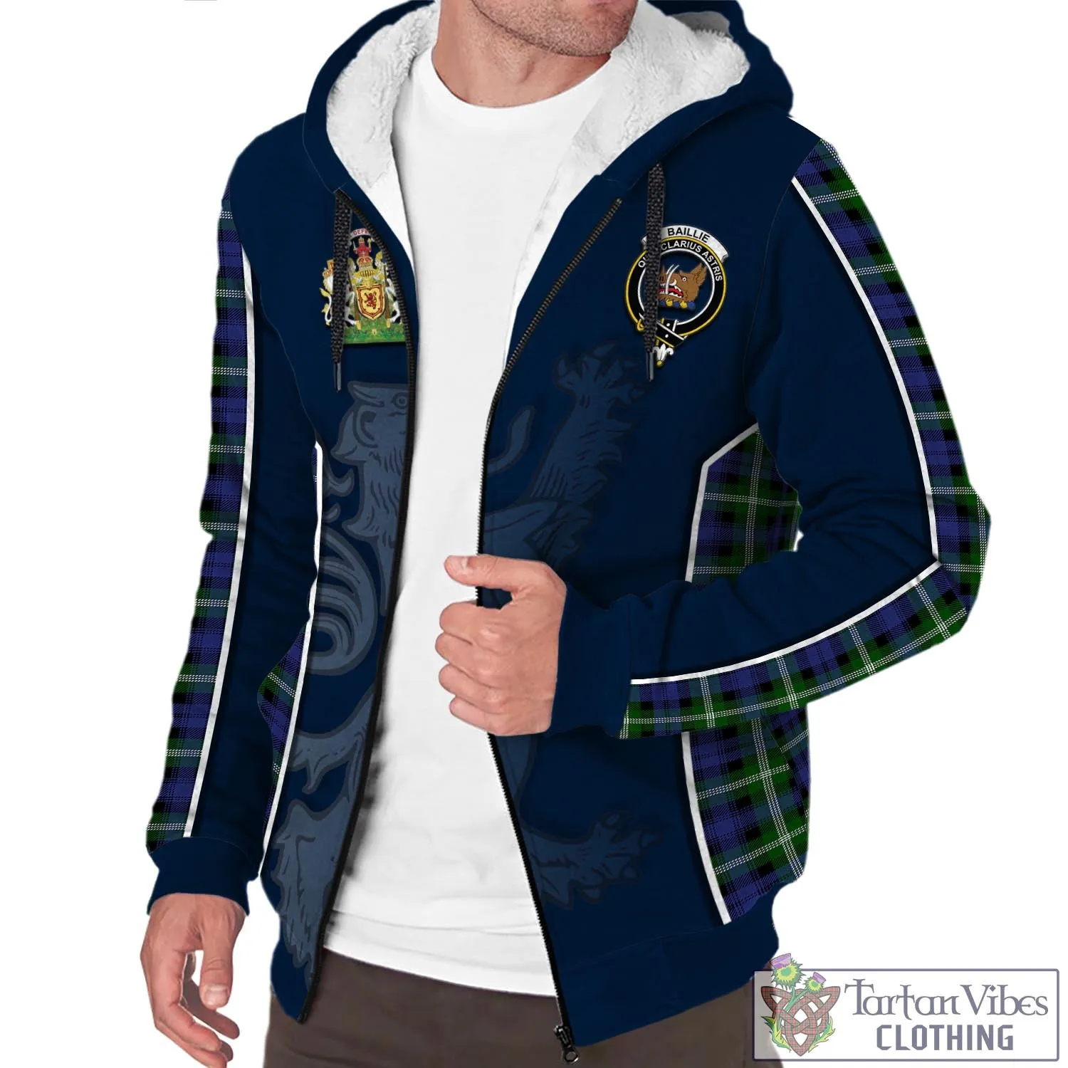 Baillie (Bailey) Tartan Sherpa Hoodie with Family Crest and Lion Rampant Vibes Sport Style