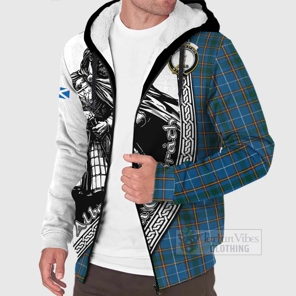 Bain Tartan Clan Crest Sherpa Hoodie with Highlander Warrior Celtic Style