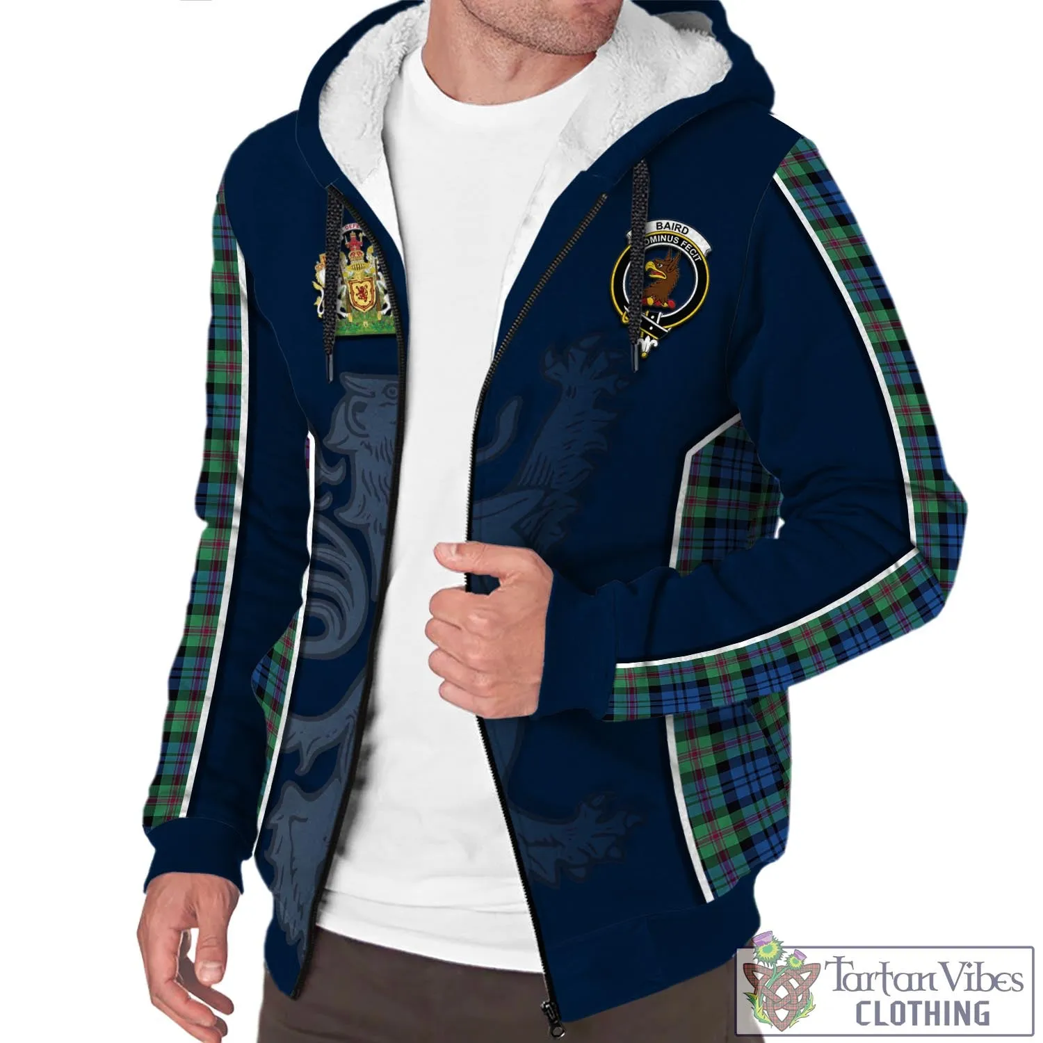 Baird Ancient Tartan Sherpa Hoodie with Family Crest and Lion Rampant Vibes Sport Style