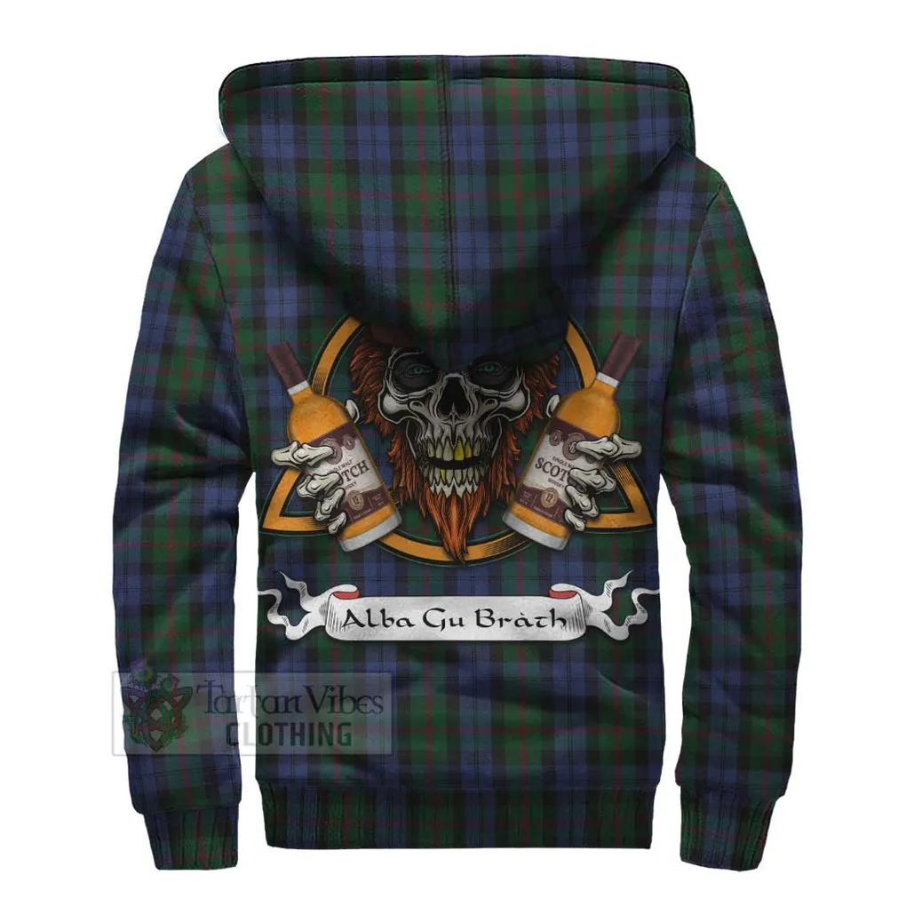 Baird Tartan Sherpa Hoodie with Family Crest and Bearded Skull Holding Bottles of Whiskey