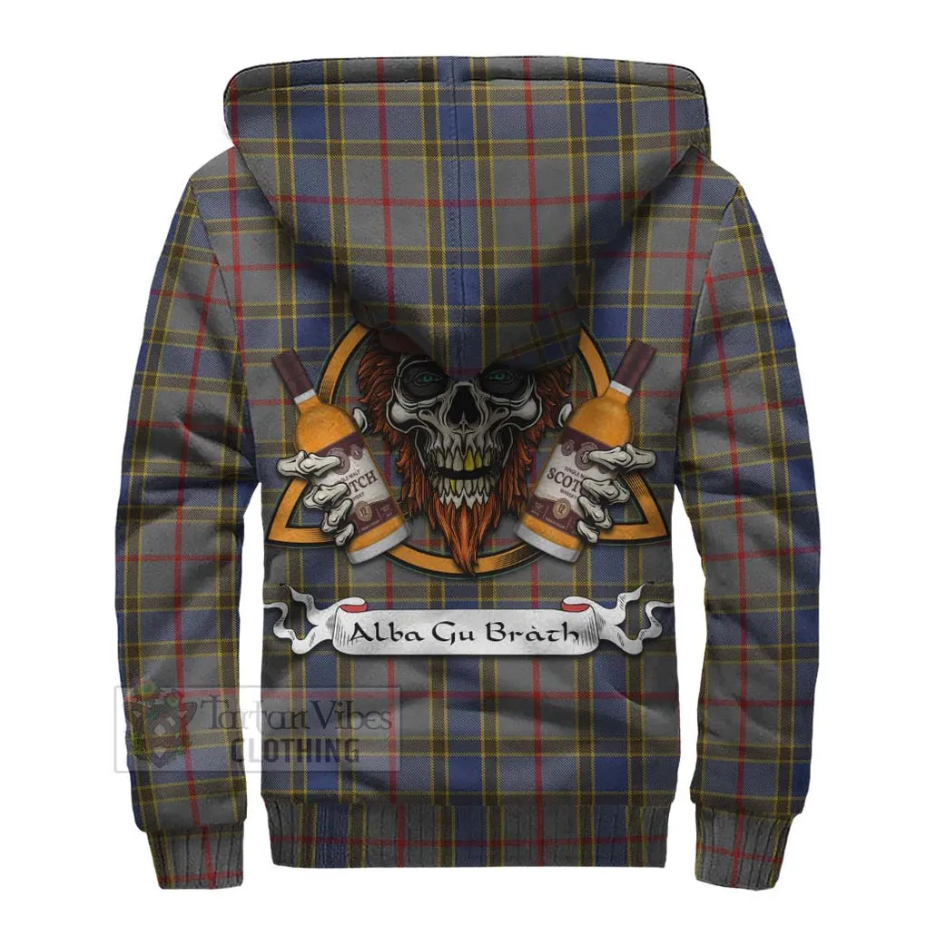 Balfour Tartan Sherpa Hoodie with Family Crest and Bearded Skull Holding Bottles of Whiskey