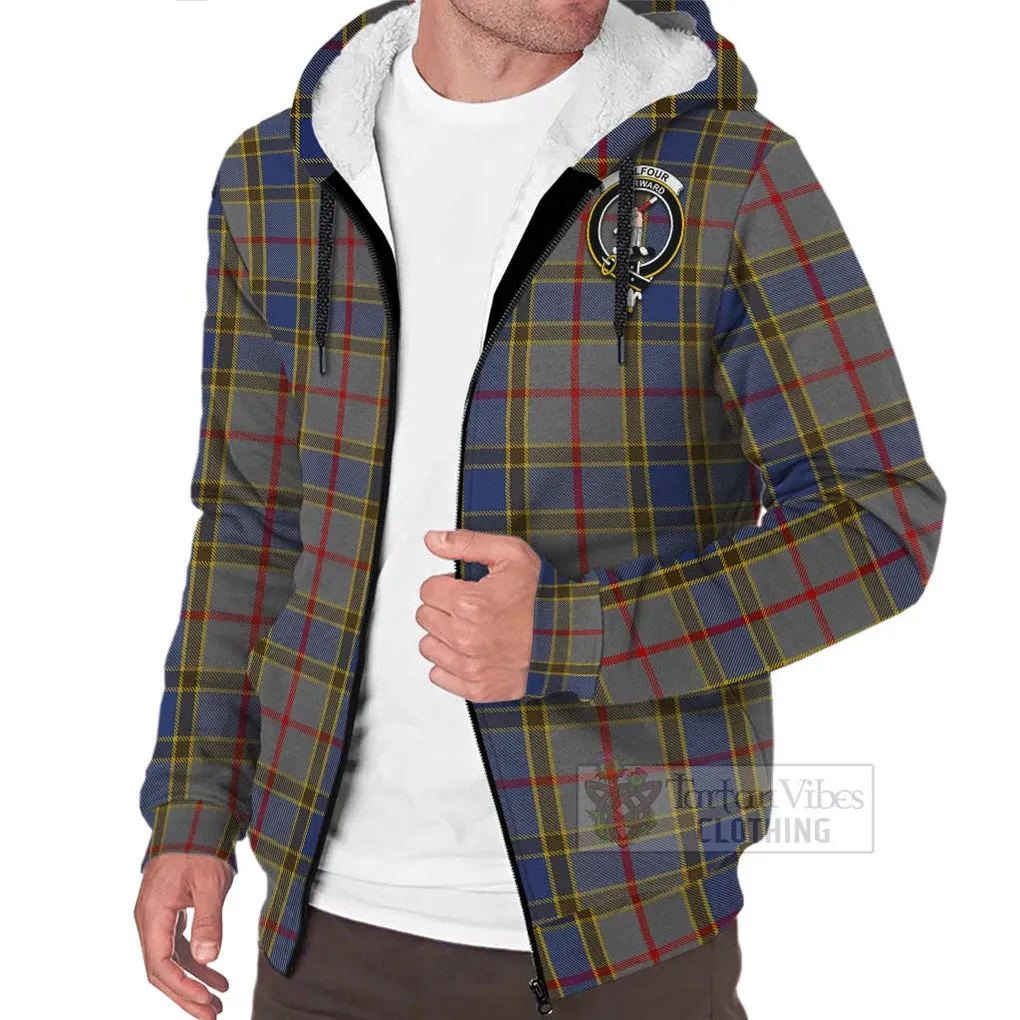 Balfour Tartan Sherpa Hoodie with Family Crest and Bearded Skull Holding Bottles of Whiskey