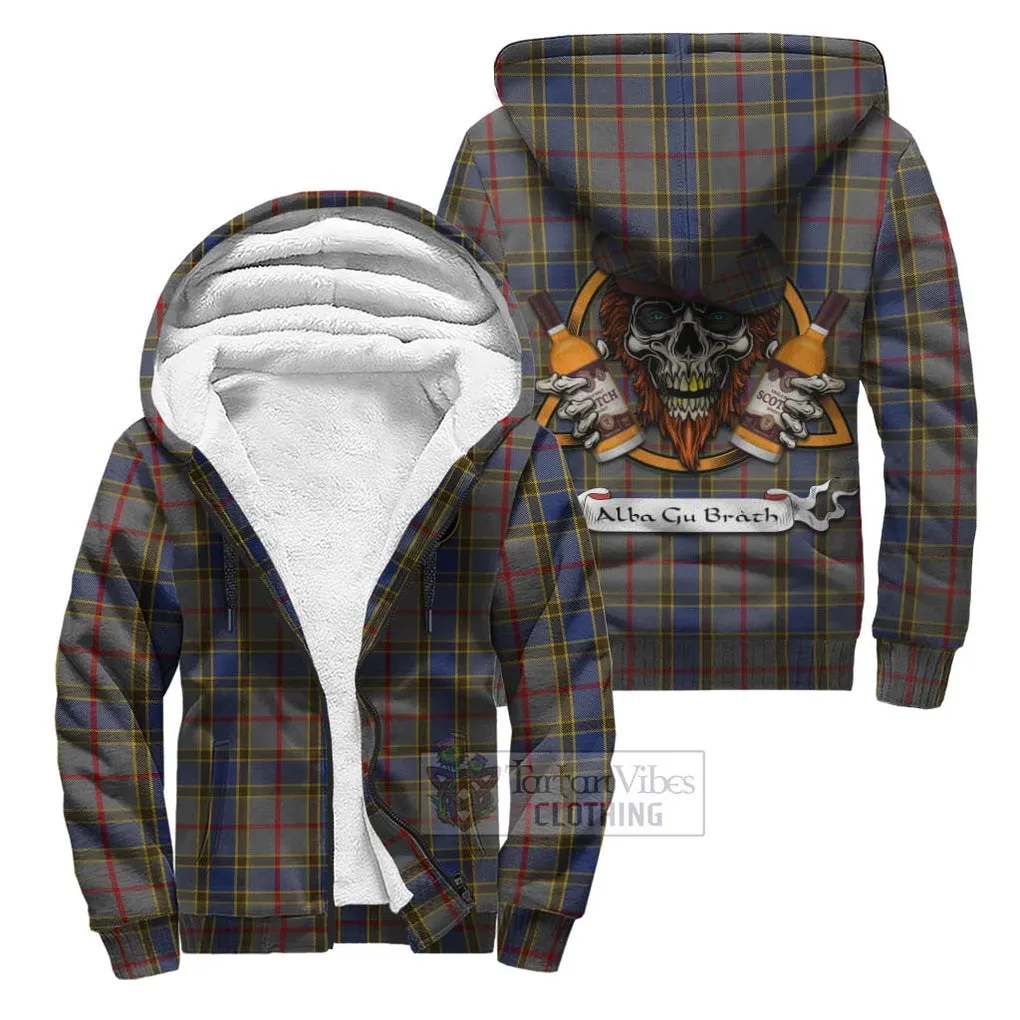 Balfour Tartan Sherpa Hoodie with Family Crest and Bearded Skull Holding Bottles of Whiskey