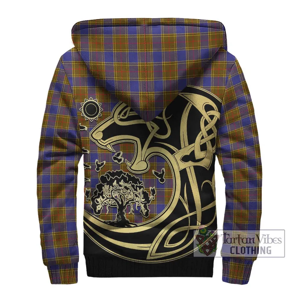 Balfour Tartan Sherpa Hoodie with Family Crest Celtic Wolf Style