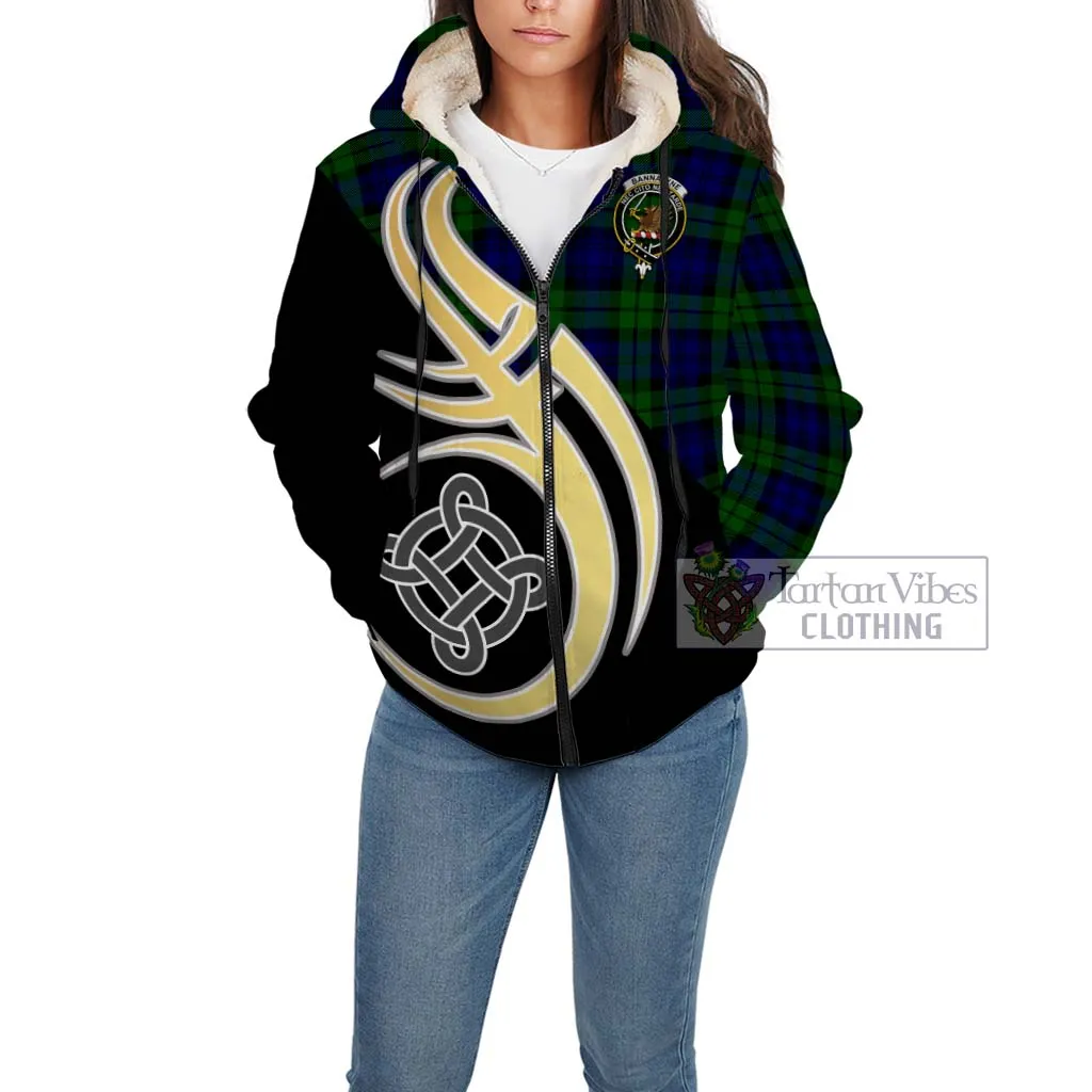 Bannatyne Tartan Sherpa Hoodie with Family Crest and Celtic Symbol Style