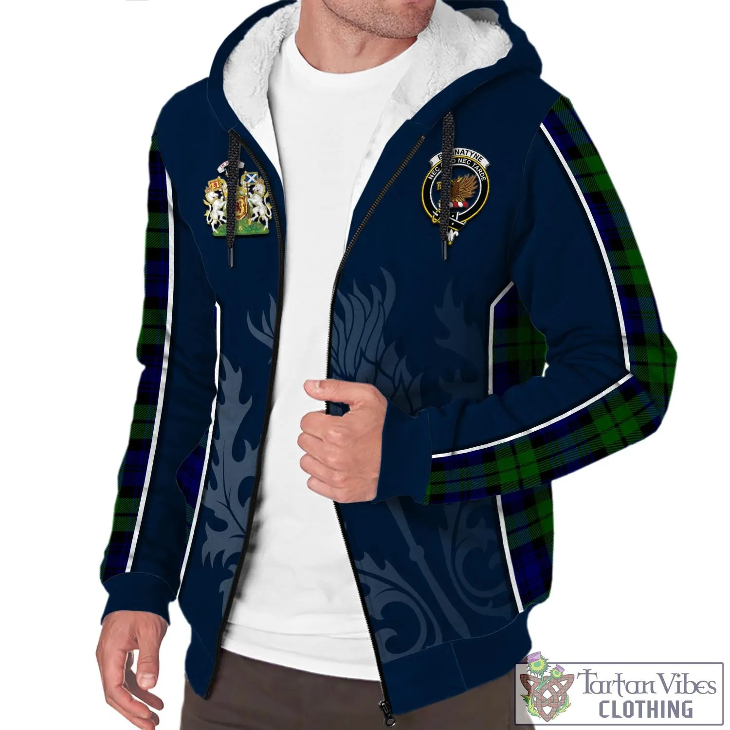 Bannatyne Tartan Sherpa Hoodie with Family Crest and Scottish Thistle Vibes Sport Style