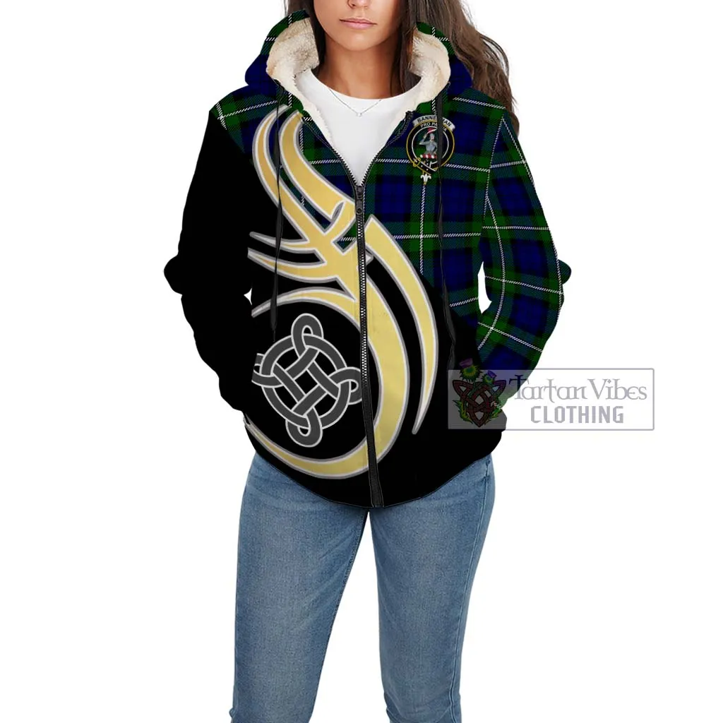 Bannerman Tartan Sherpa Hoodie with Family Crest and Celtic Symbol Style