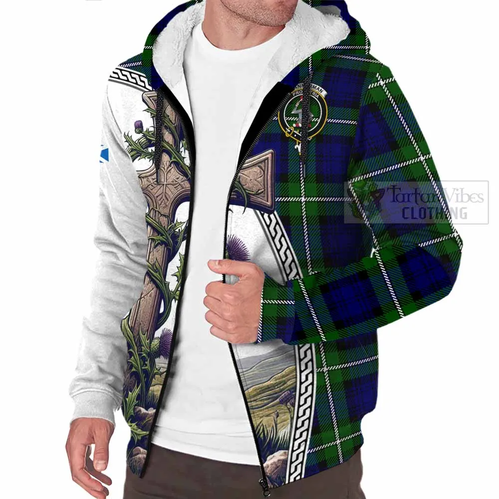 Bannerman Tartan Sherpa Hoodie with Family Crest and St. Andrew's Cross Accented by Thistle Vines