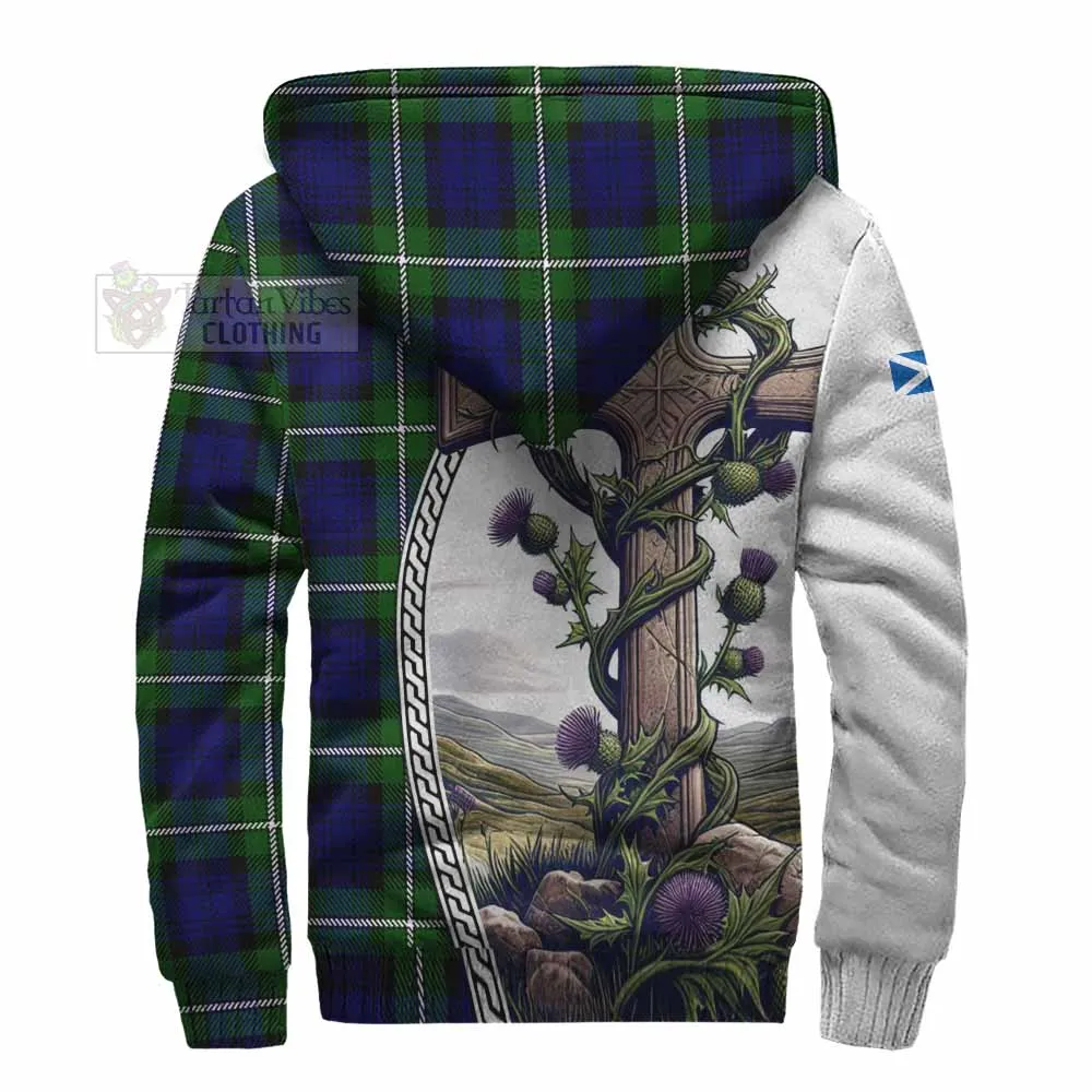 Bannerman Tartan Sherpa Hoodie with Family Crest and St. Andrew's Cross Accented by Thistle Vines