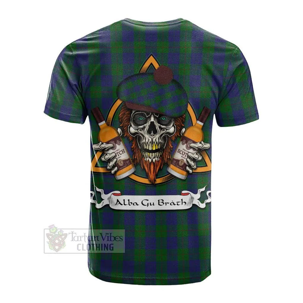 Barclay Tartan Cotton T-shirt with Family Crest and Bearded Skull Holding Bottles of Whiskey