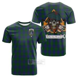 Barclay Tartan Cotton T-shirt with Family Crest and Bearded Skull Holding Bottles of Whiskey