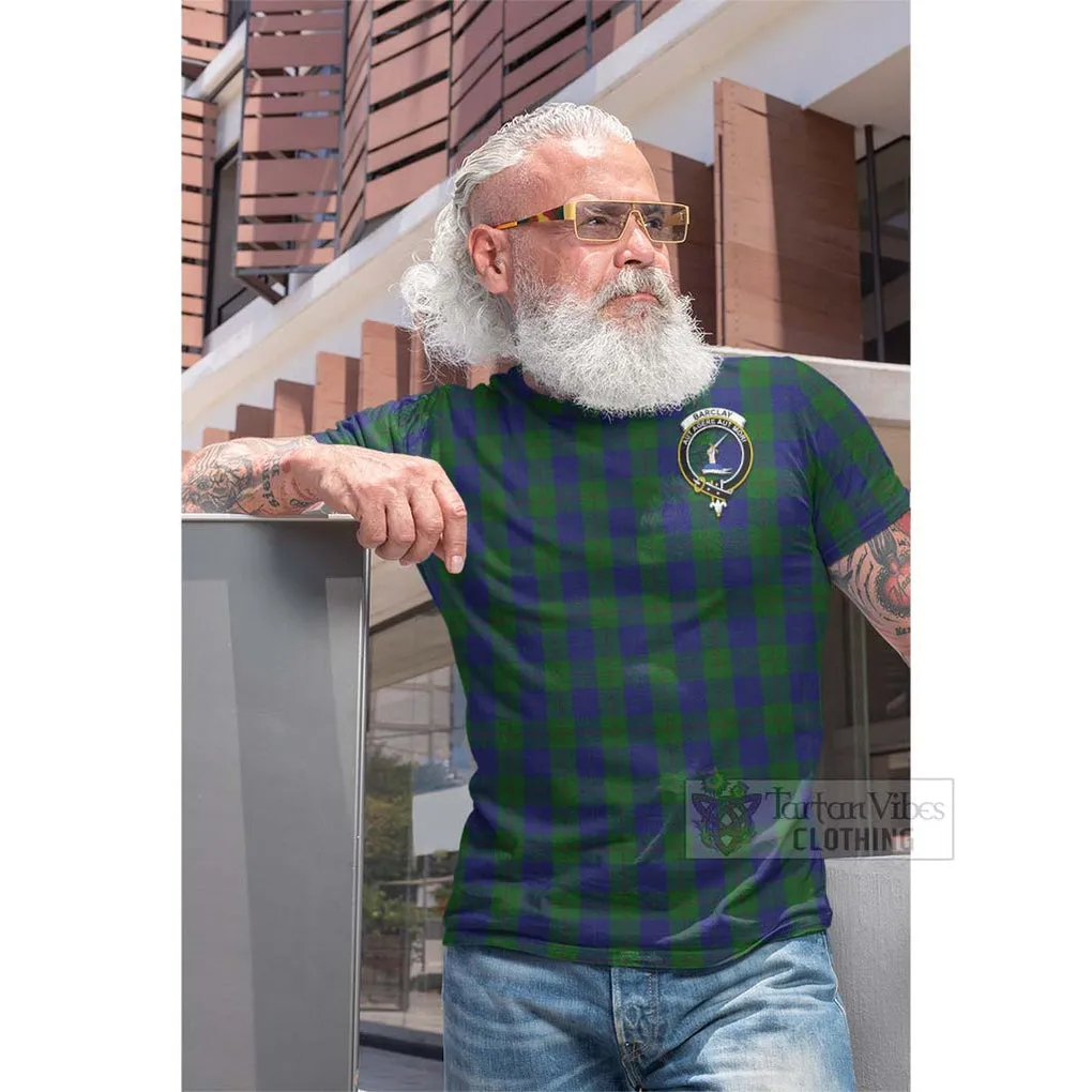 Barclay Tartan Cotton T-shirt with Family Crest and Bearded Skull Holding Bottles of Whiskey