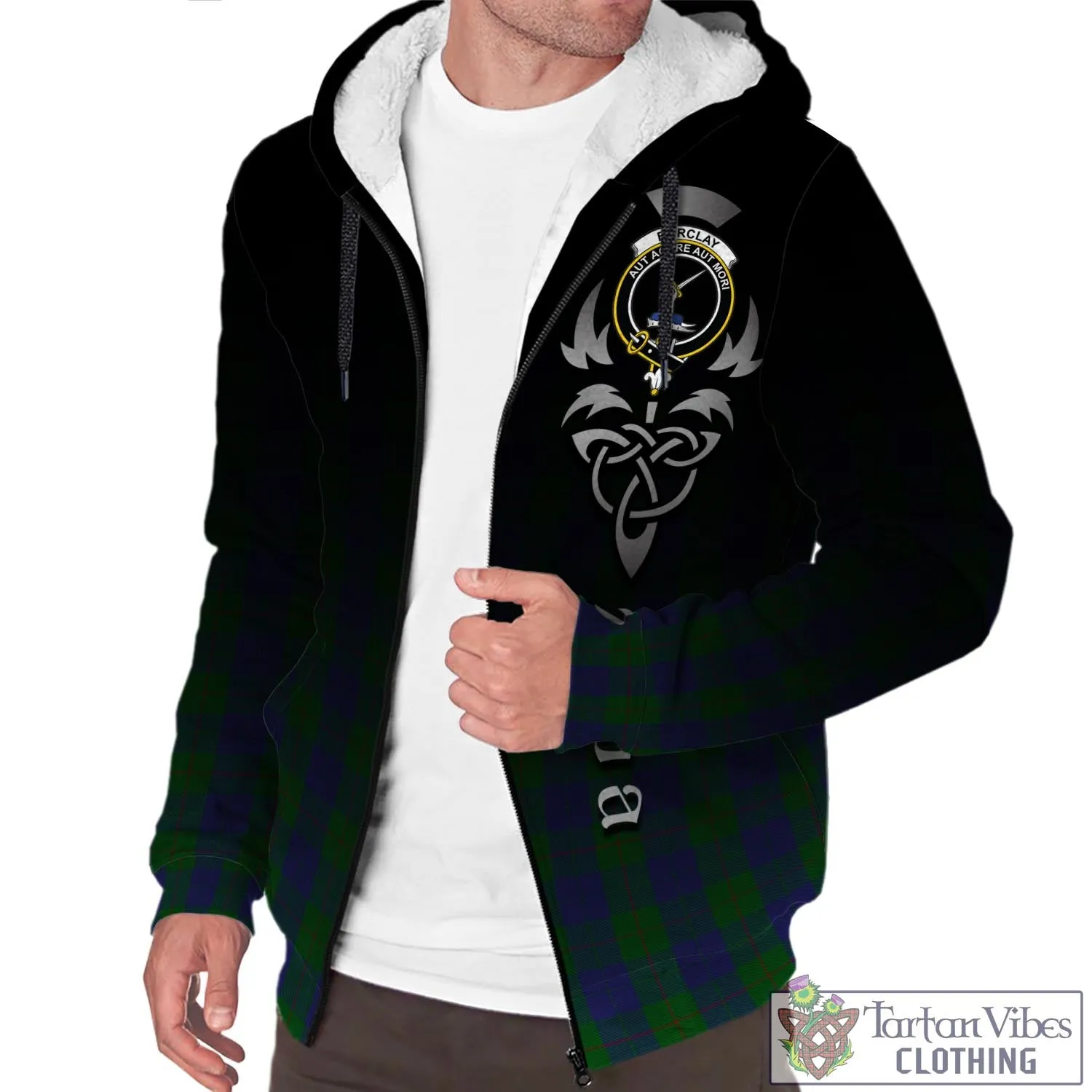 Barclay Tartan Sherpa Hoodie Featuring Alba Gu Brath Family Crest Celtic Inspired