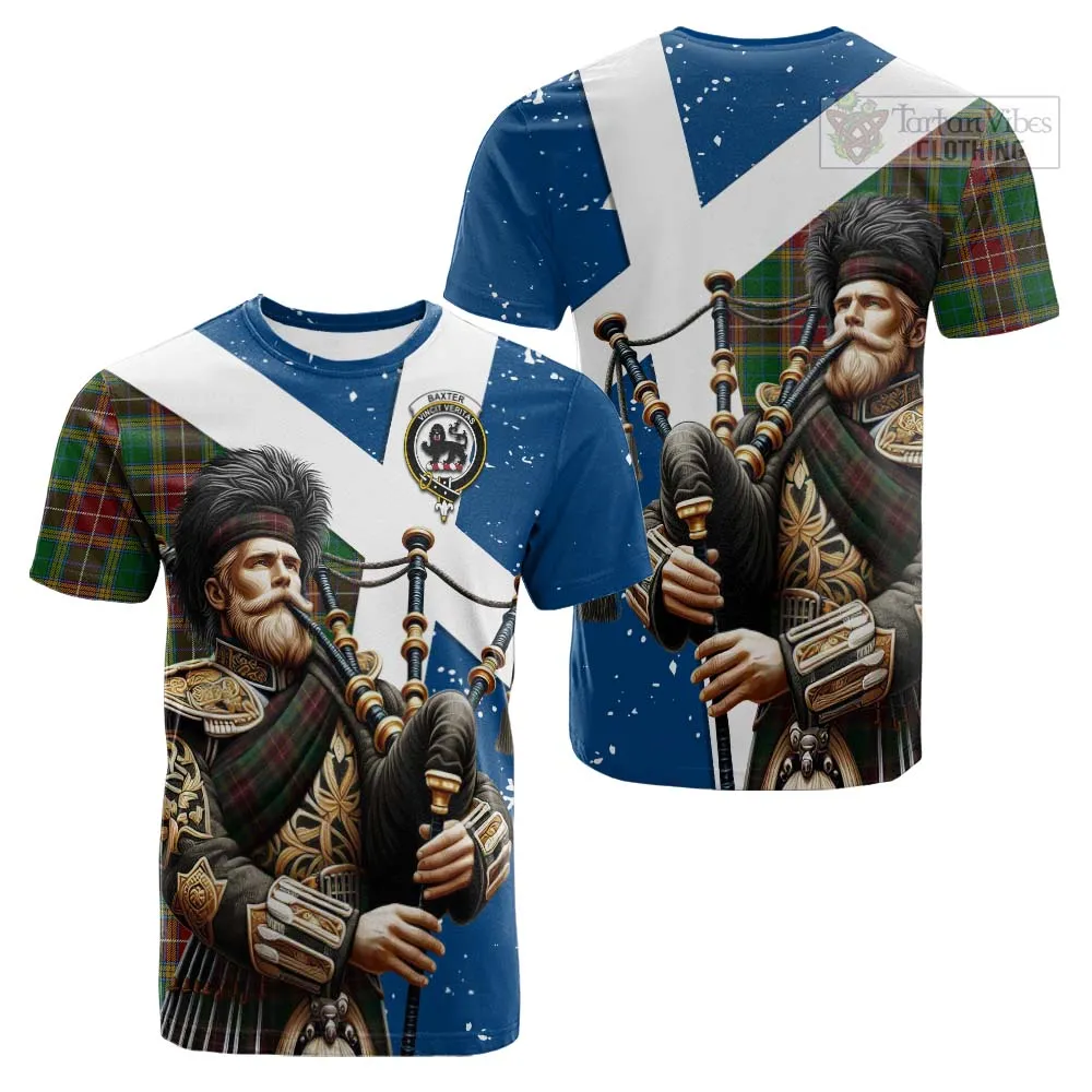 Baxter Tartan Cotton T-shirt with Family Crest Scottish Bagpiper Vibes