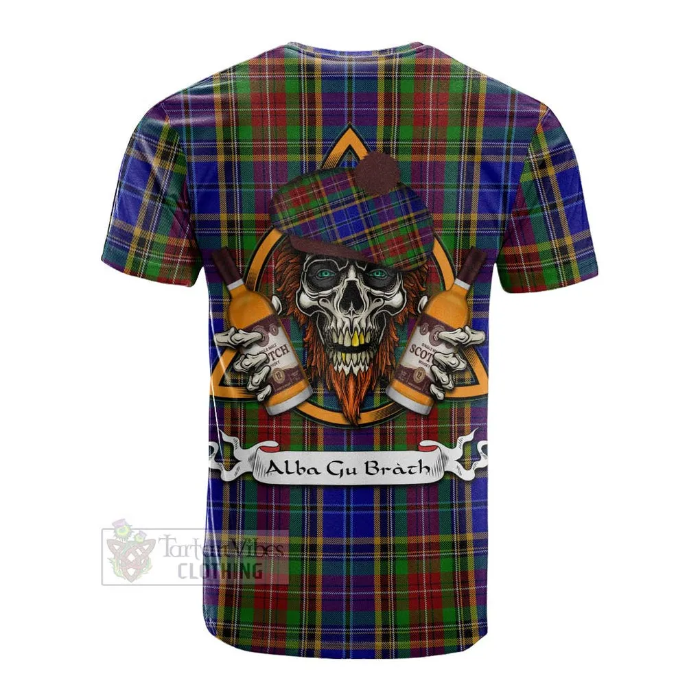 Beattie (Beatty) Tartan Cotton T-shirt with Family Crest and Bearded Skull Holding Bottles of Whiskey