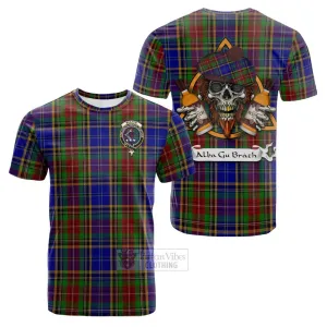 Beattie (Beatty) Tartan Cotton T-shirt with Family Crest and Bearded Skull Holding Bottles of Whiskey