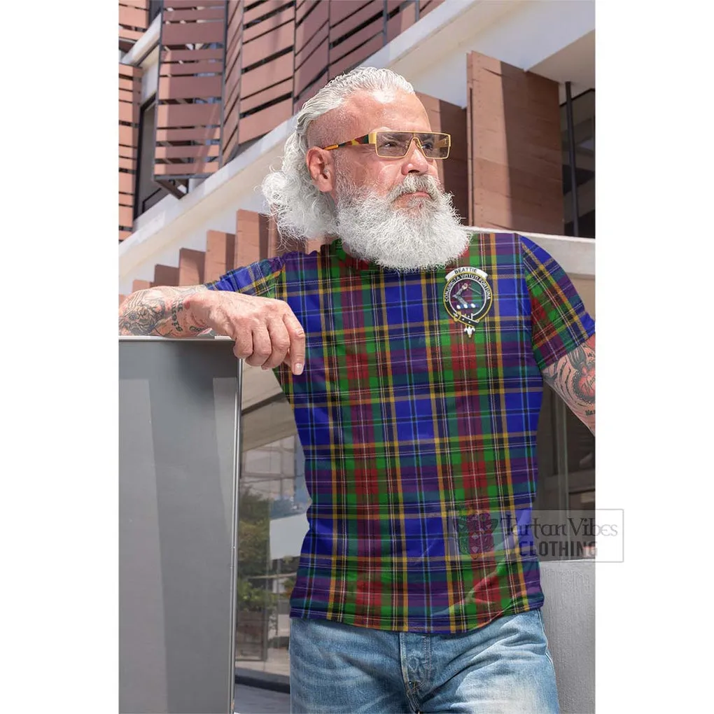 Beattie (Beatty) Tartan Cotton T-shirt with Family Crest and Bearded Skull Holding Bottles of Whiskey