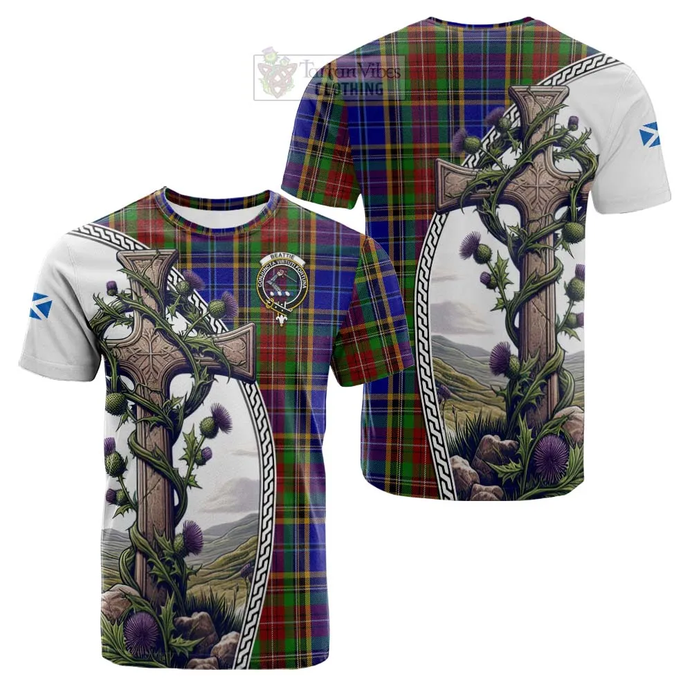 Beattie (Beatty) Tartan Cotton T-shirt with Family Crest and St. Andrew's Cross Accented by Thistle Vines