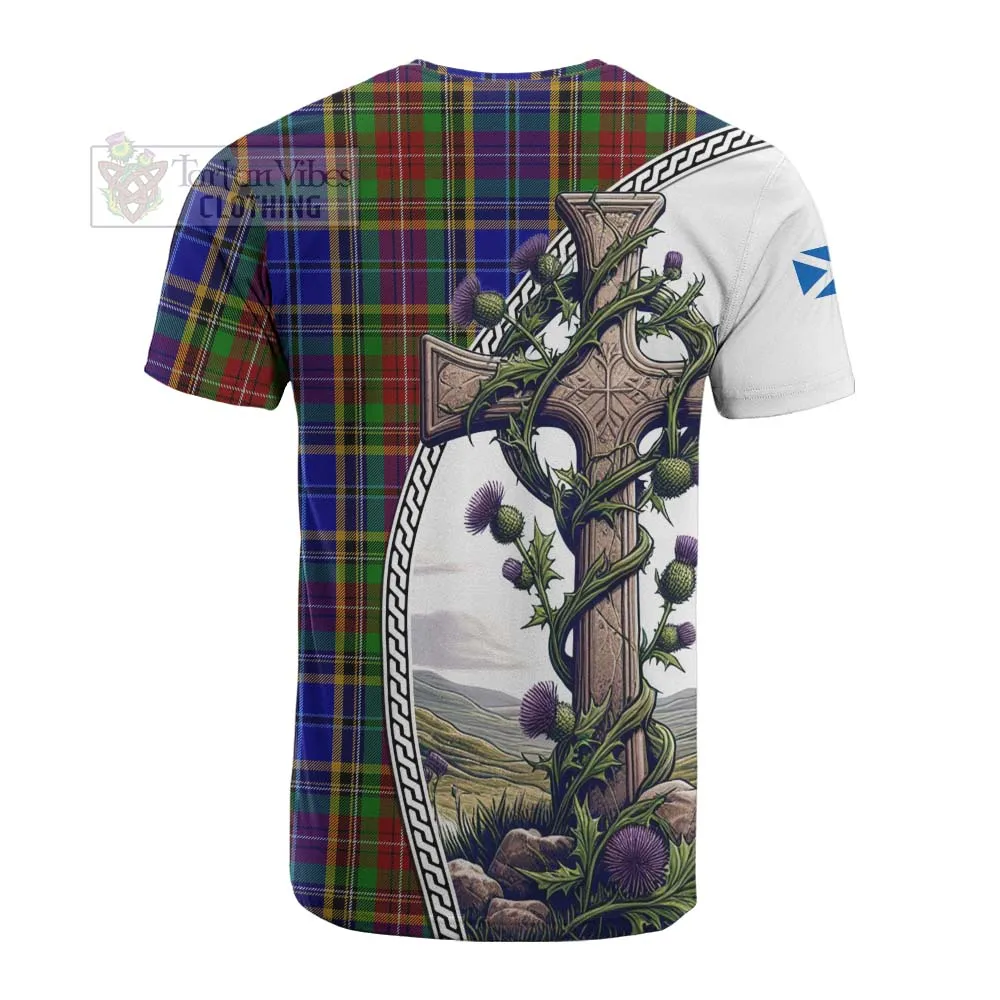 Beattie (Beatty) Tartan Cotton T-shirt with Family Crest and St. Andrew's Cross Accented by Thistle Vines