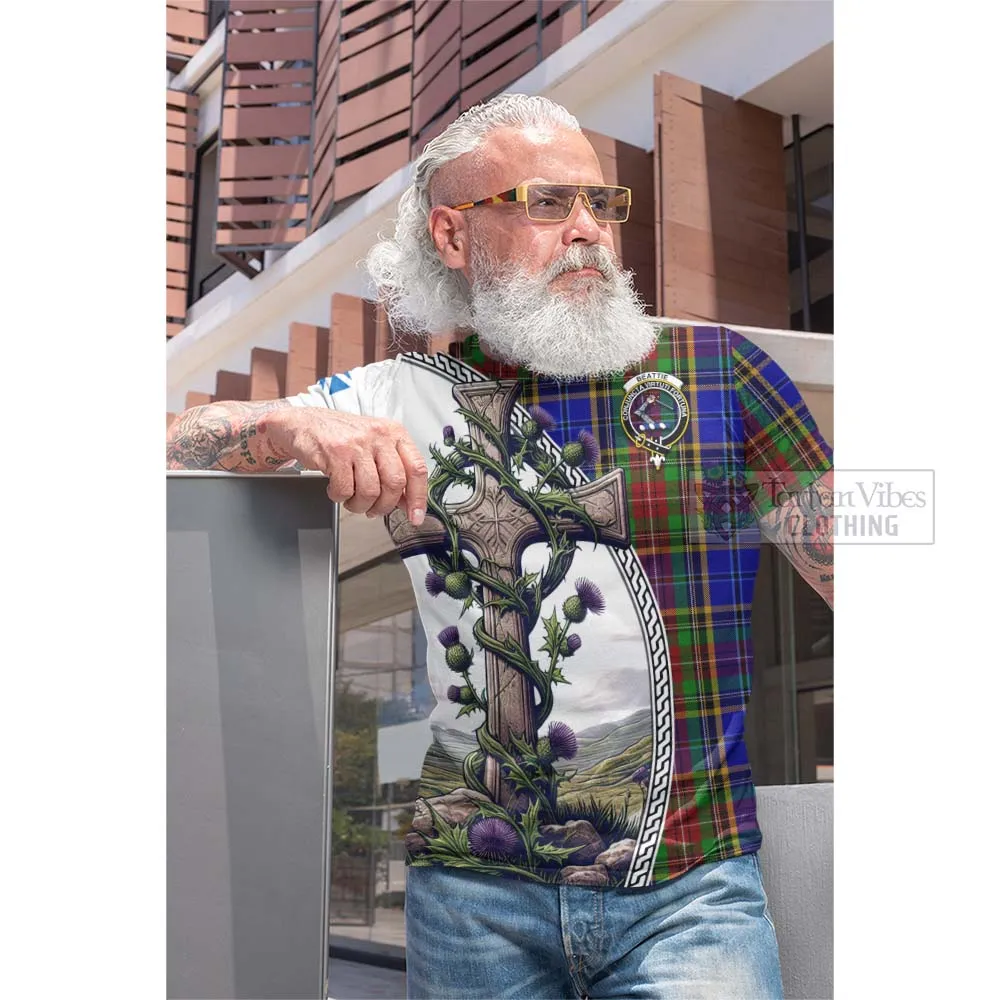 Beattie (Beatty) Tartan Cotton T-shirt with Family Crest and St. Andrew's Cross Accented by Thistle Vines