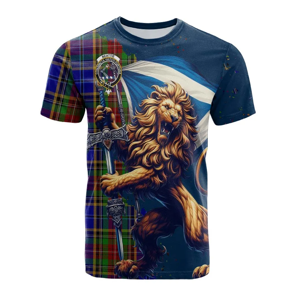 Beattie (Beatty) Tartan Family Crest Cotton T-shirt with Scottish Majestic Lion