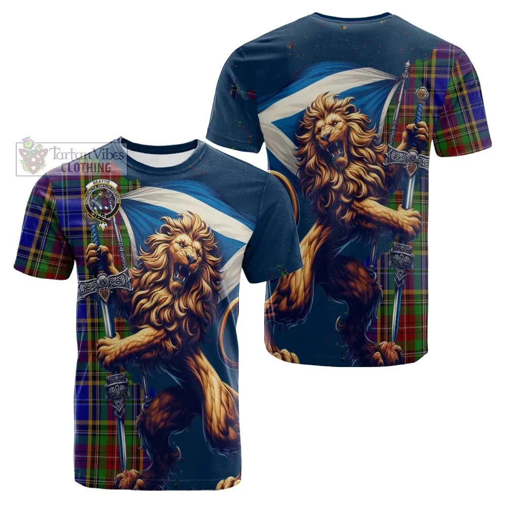 Beattie (Beatty) Tartan Family Crest Cotton T-shirt with Scottish Majestic Lion