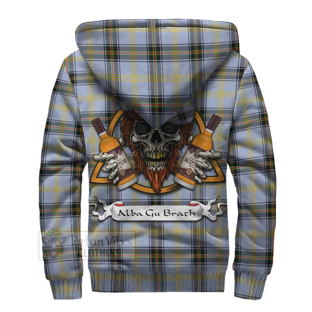 Bell Tartan Sherpa Hoodie with Family Crest and Bearded Skull Holding Bottles of Whiskey