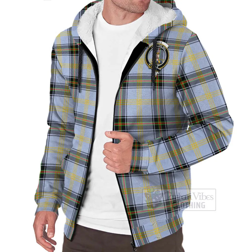 Bell Tartan Sherpa Hoodie with Family Crest and Bearded Skull Holding Bottles of Whiskey