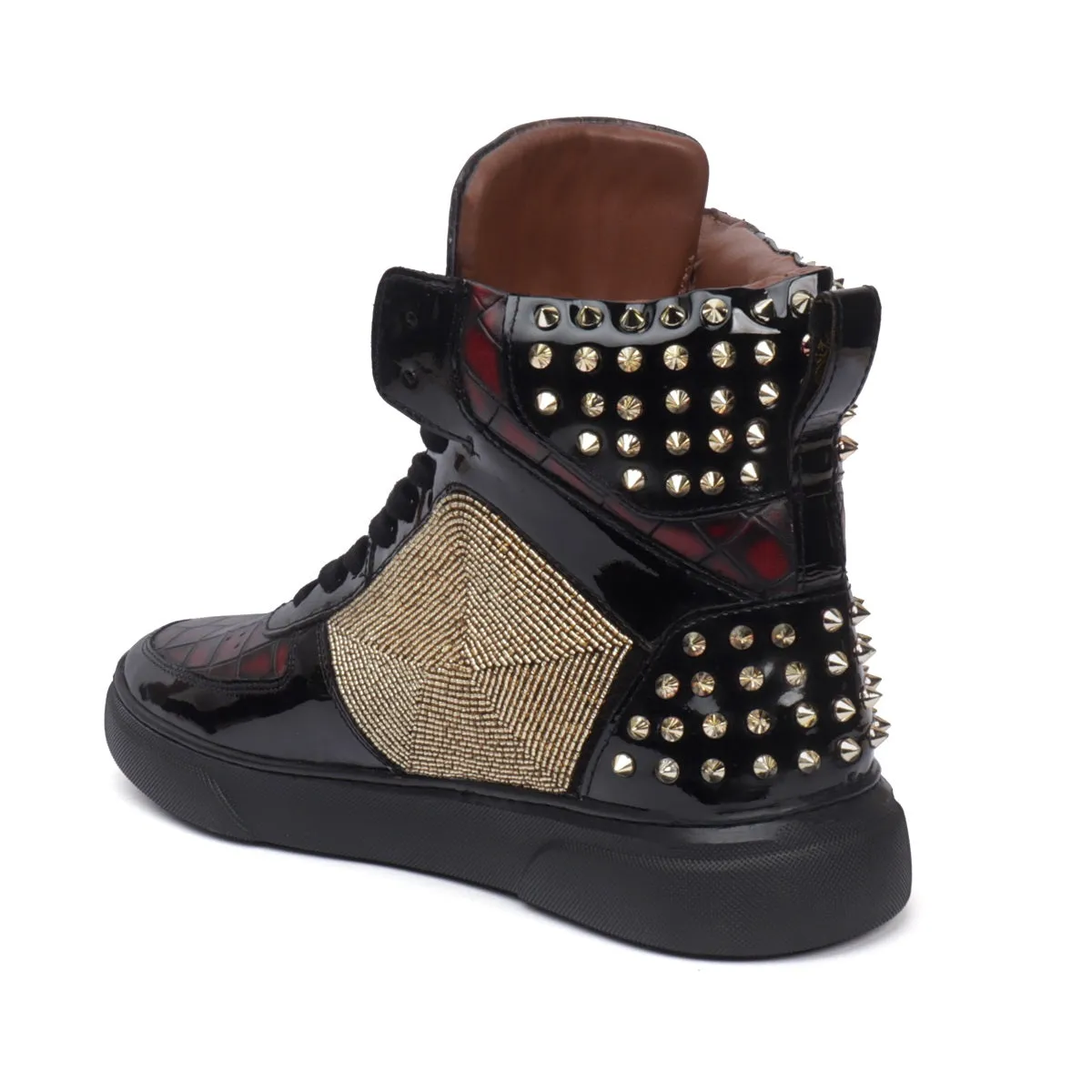 Bespoke Black and Wine Beads Zardosi Black Studded Leather Sneakers by Brune & Bareskin