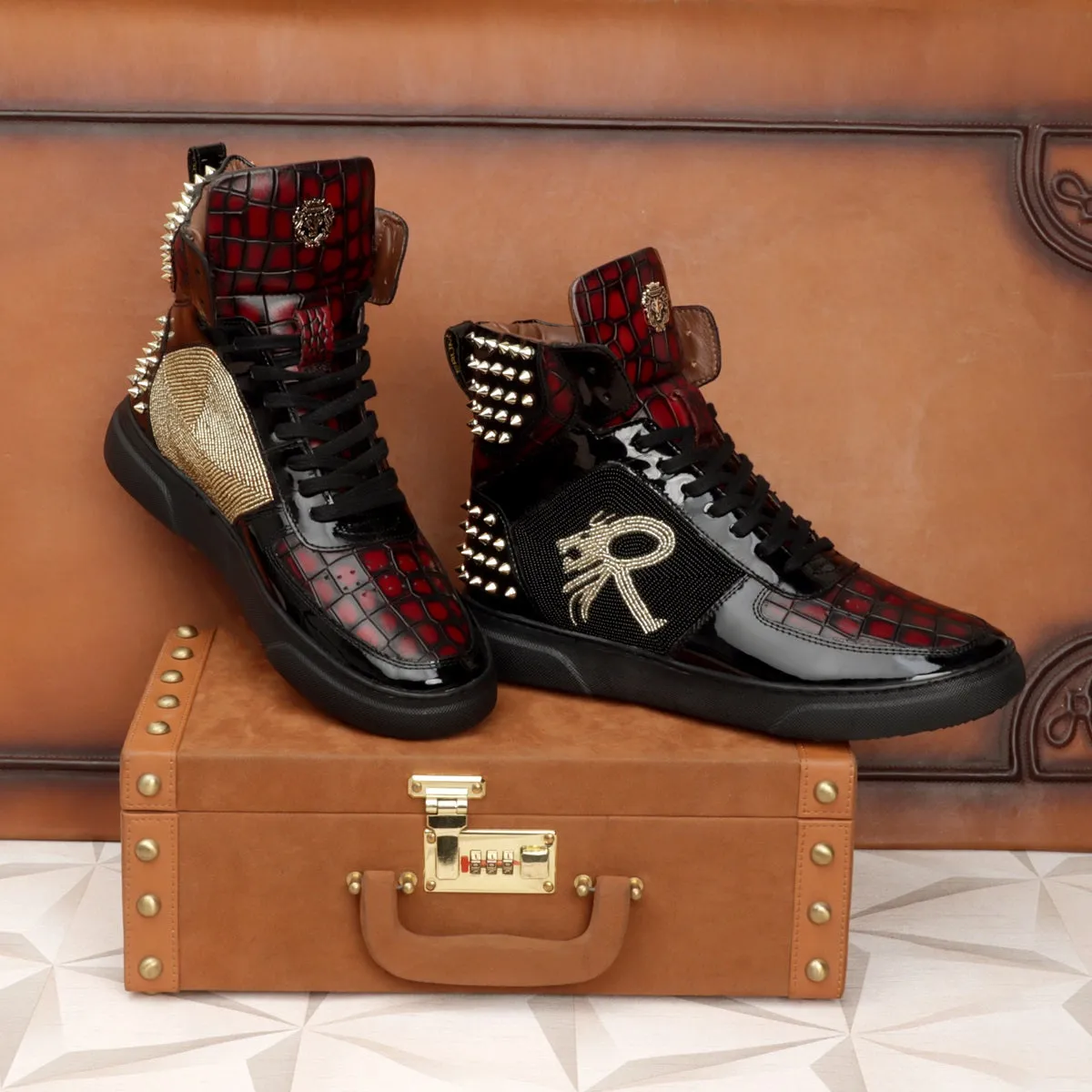 Bespoke Black and Wine Beads Zardosi Black Studded Leather Sneakers by Brune & Bareskin