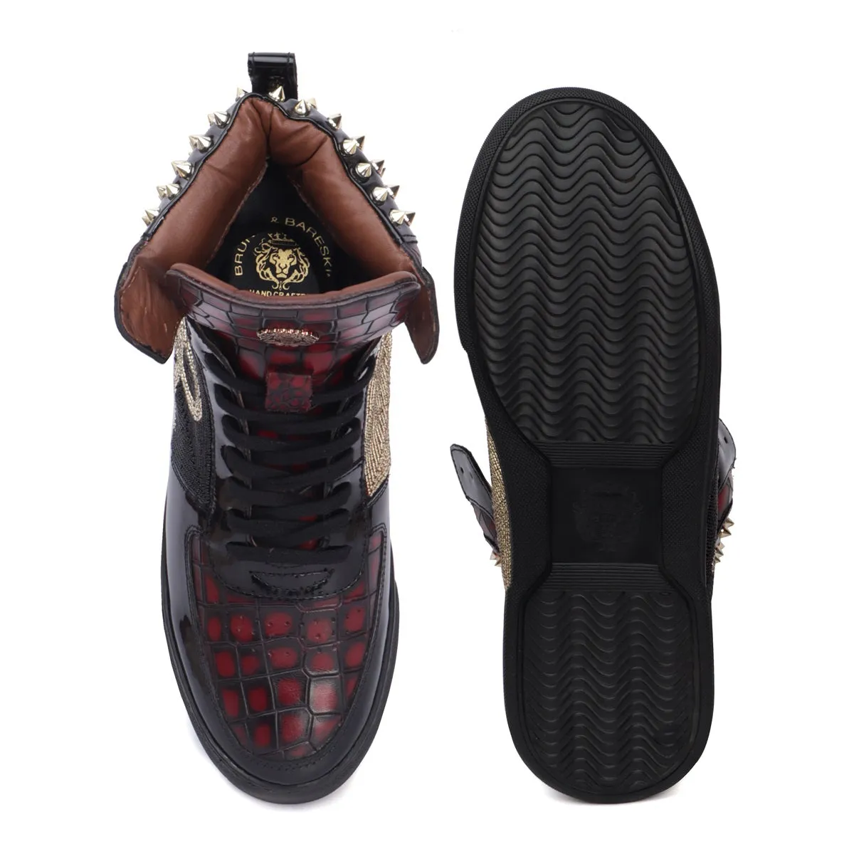 Bespoke Black and Wine Beads Zardosi Black Studded Leather Sneakers by Brune & Bareskin