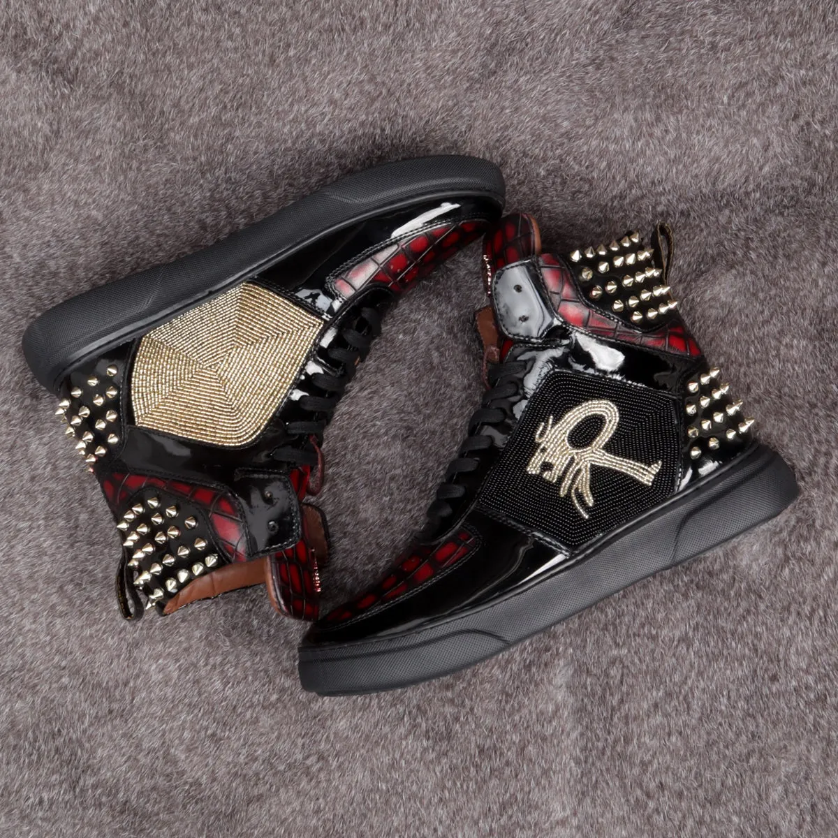 Bespoke Black and Wine Beads Zardosi Black Studded Leather Sneakers by Brune & Bareskin