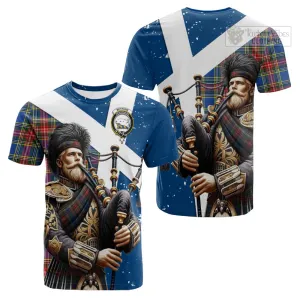 Bethune Tartan Cotton T-shirt with Family Crest Scottish Bagpiper Vibes