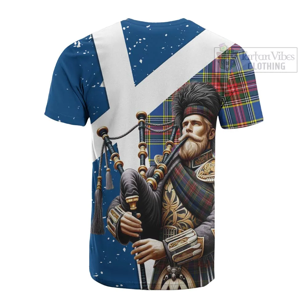 Bethune Tartan Cotton T-shirt with Family Crest Scottish Bagpiper Vibes