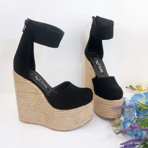 Black Faux Suede Bold Ankle Strap Wedges