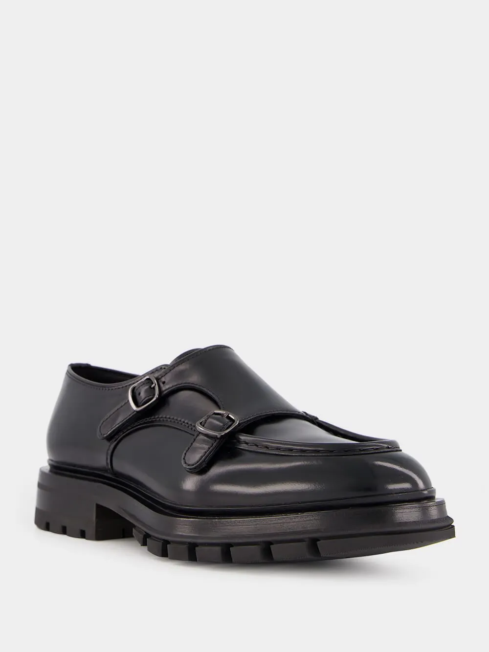 Black Polished Leather Double Buckle Shoes