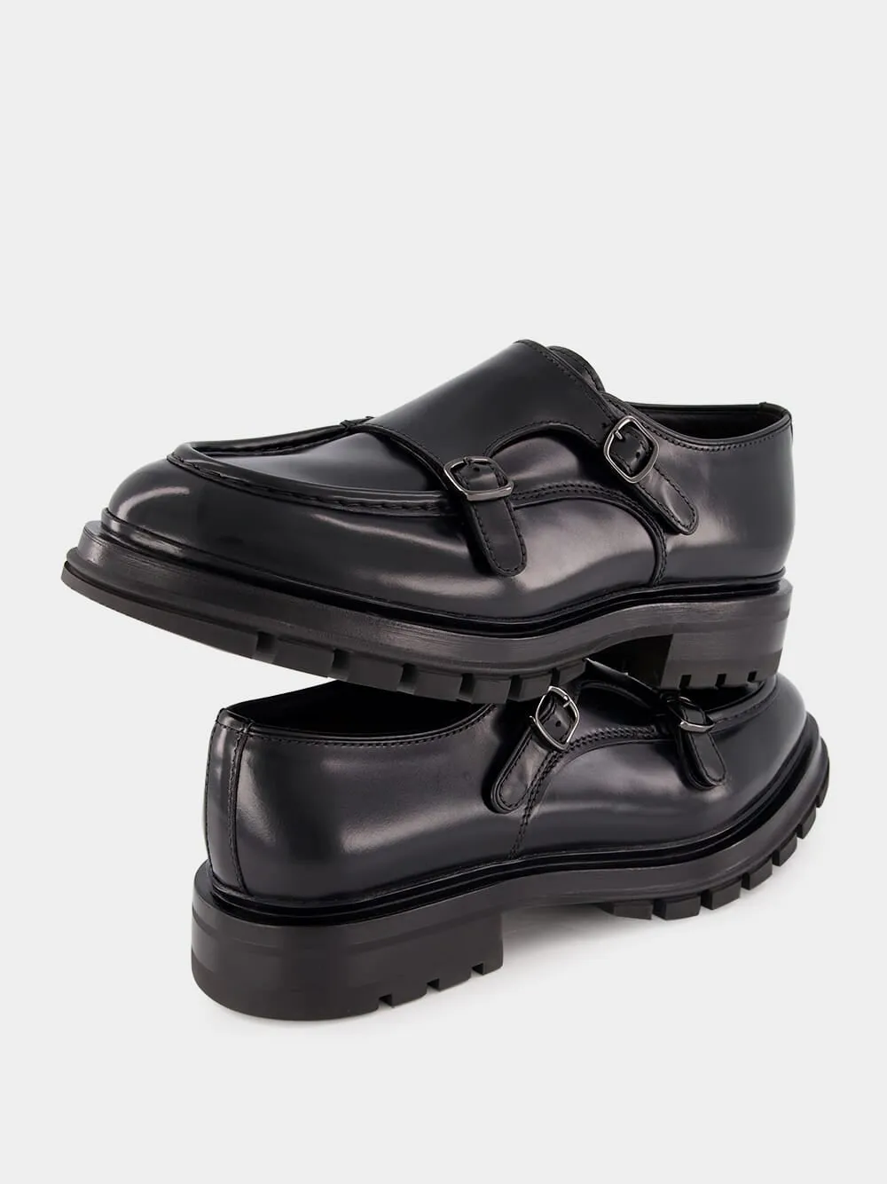 Black Polished Leather Double Buckle Shoes