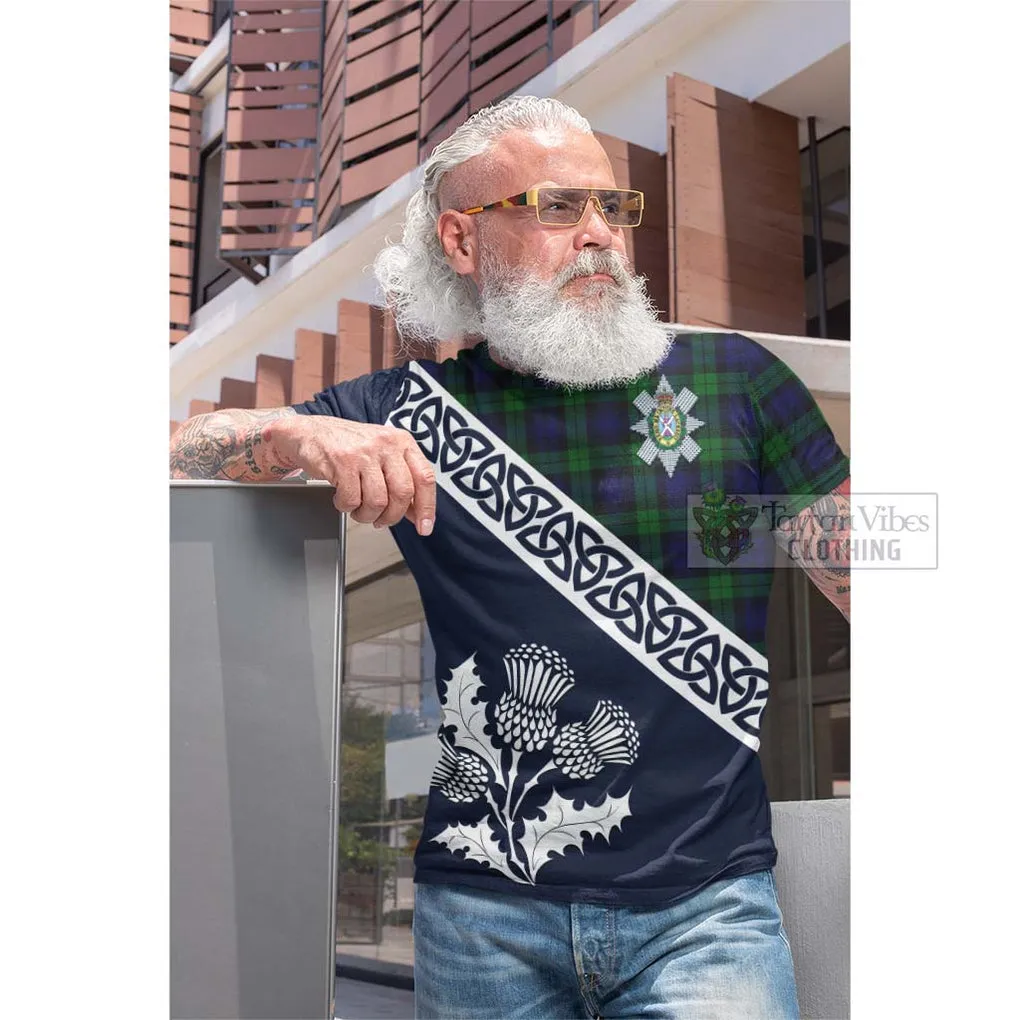 Black Watch Tartan Cotton T-shirt Featuring Thistle and Scotland Map