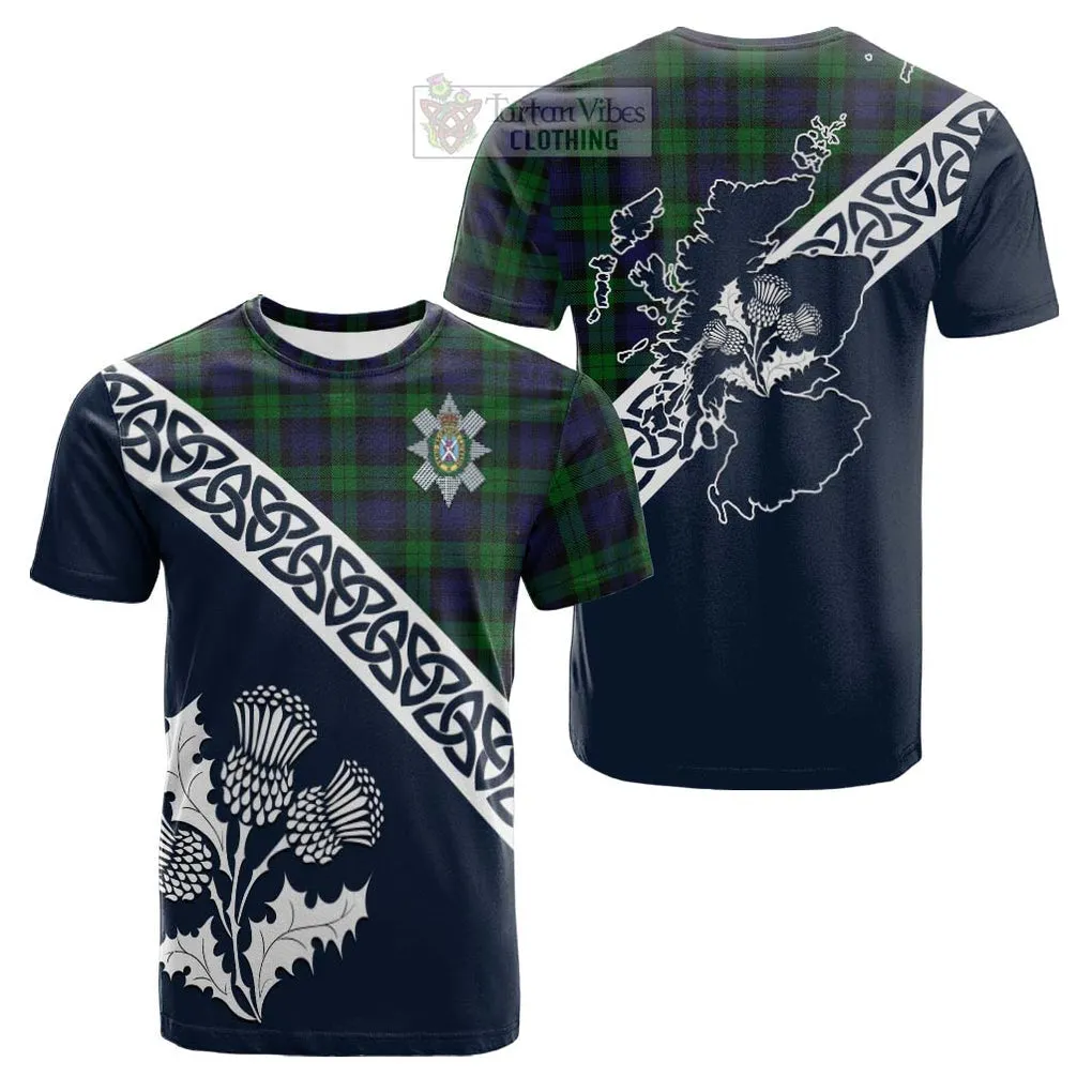 Black Watch Tartan Cotton T-shirt Featuring Thistle and Scotland Map