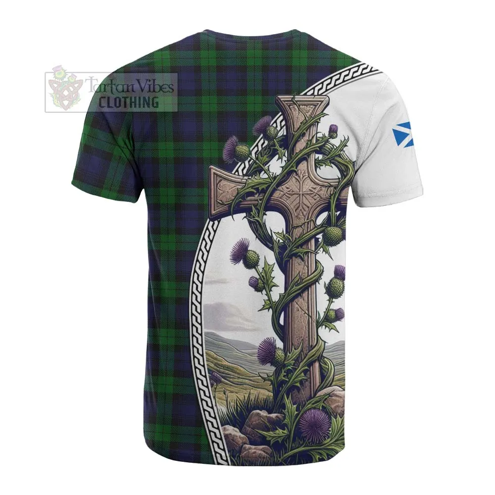 Black Watch Tartan Cotton T-shirt with Family Crest and St. Andrew's Cross Accented by Thistle Vines