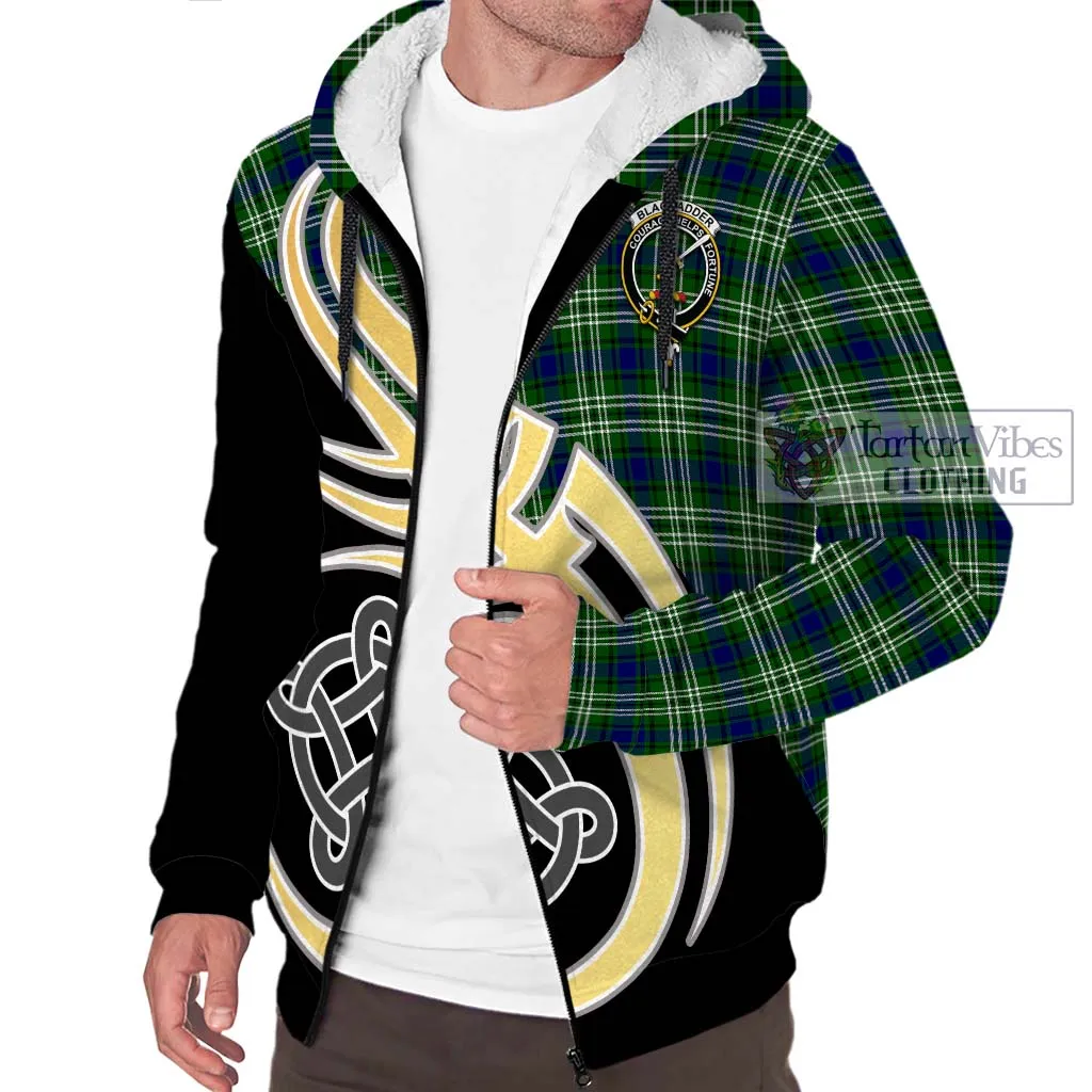 Blackadder Tartan Sherpa Hoodie with Family Crest and Celtic Symbol Style