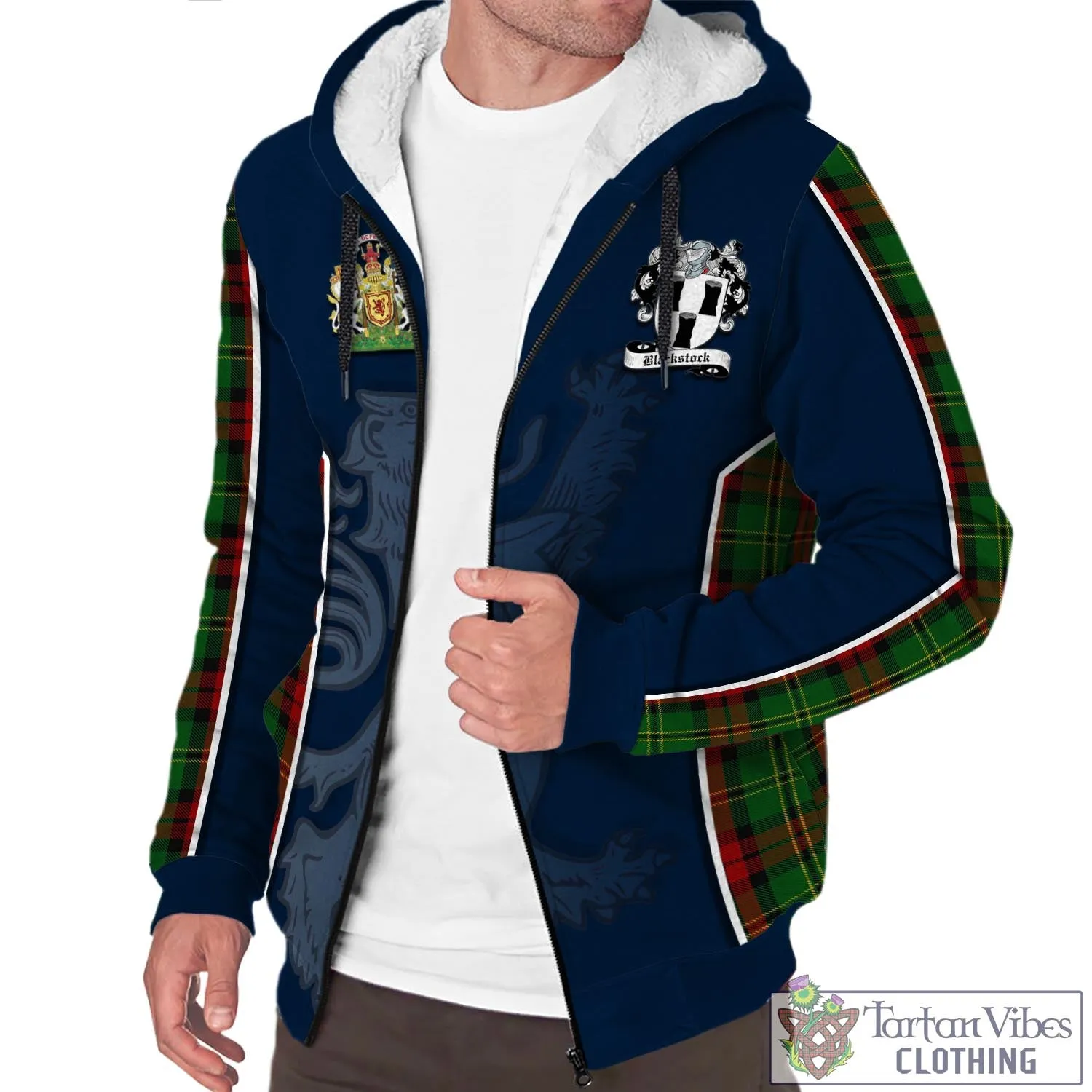 Blackstock Hunting Tartan Sherpa Hoodie with Family Crest and Lion Rampant Vibes Sport Style