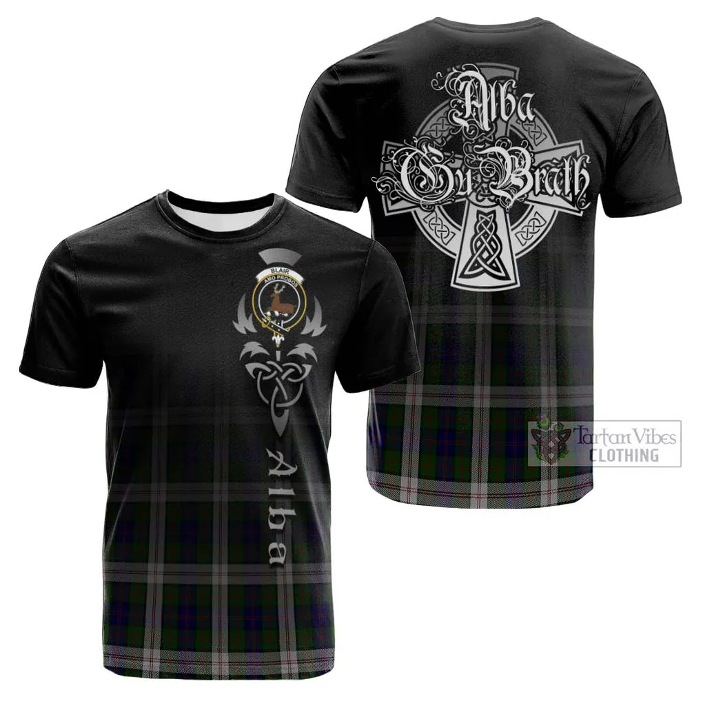 Blair Dress Tartan Cotton T-shirt Featuring Alba Gu Brath Family Crest Celtic Inspired