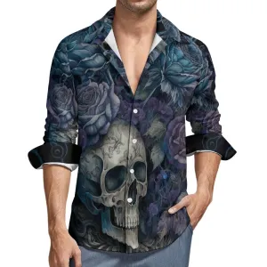 Blue Floral Skull Casual One Pocket Long Sleeve Shirt