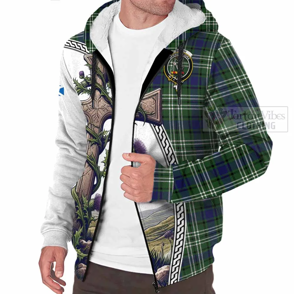 Blyth Tartan Sherpa Hoodie with Family Crest and St. Andrew's Cross Accented by Thistle Vines